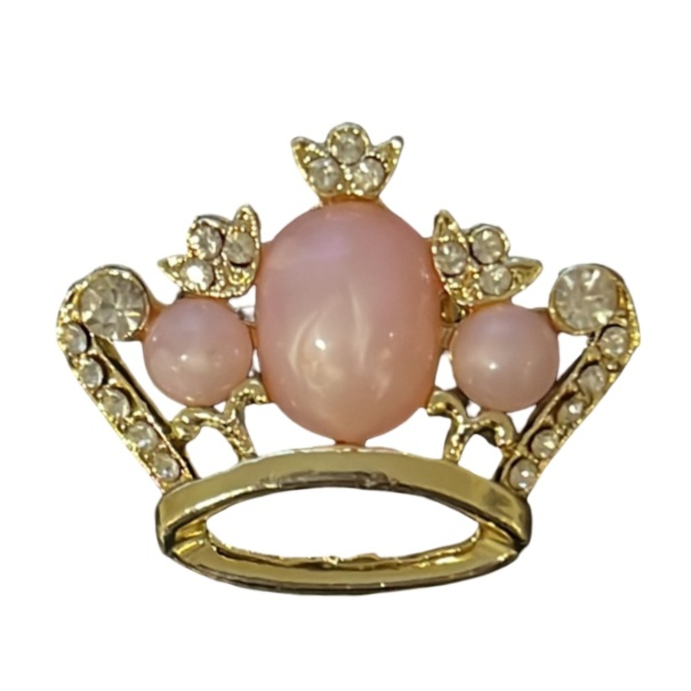 Vintage Pink Moon Glow Lucite Cabochon Crystal Rhinestone Crown Brooch